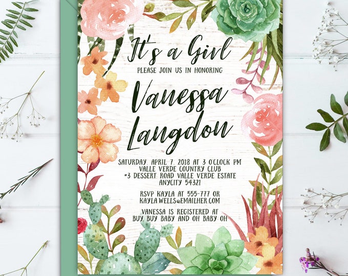 Succulents Cactus Boho Sweet Floral Baby Shower It's a Girl Printable Invitation