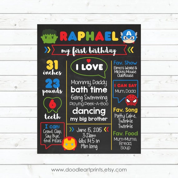 Tsum Tsums Avengers First Birthday Chalkboard Sign, 1st Birthday Super Heroes Baby Boy Birthday Poster Board, Personalized Printable File Il_570xn