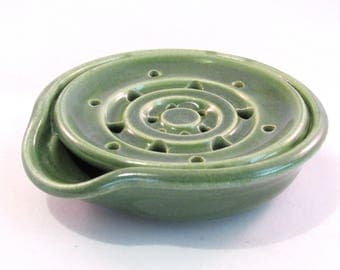 Soap Dish - Handmade Pottery - Green Soap Dish - Drain Tray - One Piece - Soap Saver - Pottersong - Kitchen or Bath - Bright Green