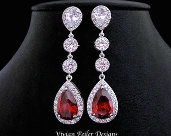 RED Earrings LONG Lux Tear Drop Wedding Jewelry Cubic Zirconia Prom Pageant Jewelry Bridal Glamorous Bling