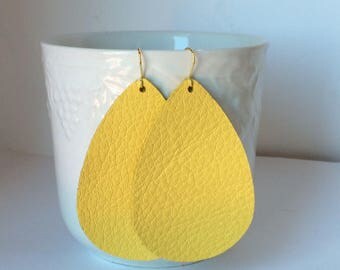 Yellow Sunshine Earrings Leather Teardrop Drop
