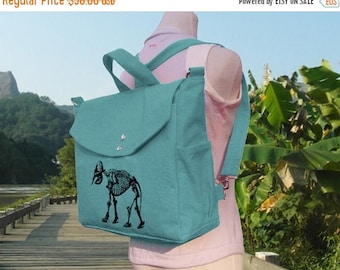 On Sale 20% off Teal green canvas backpack, screenprinted canvas bag, canvas laptop bag, messenger bag