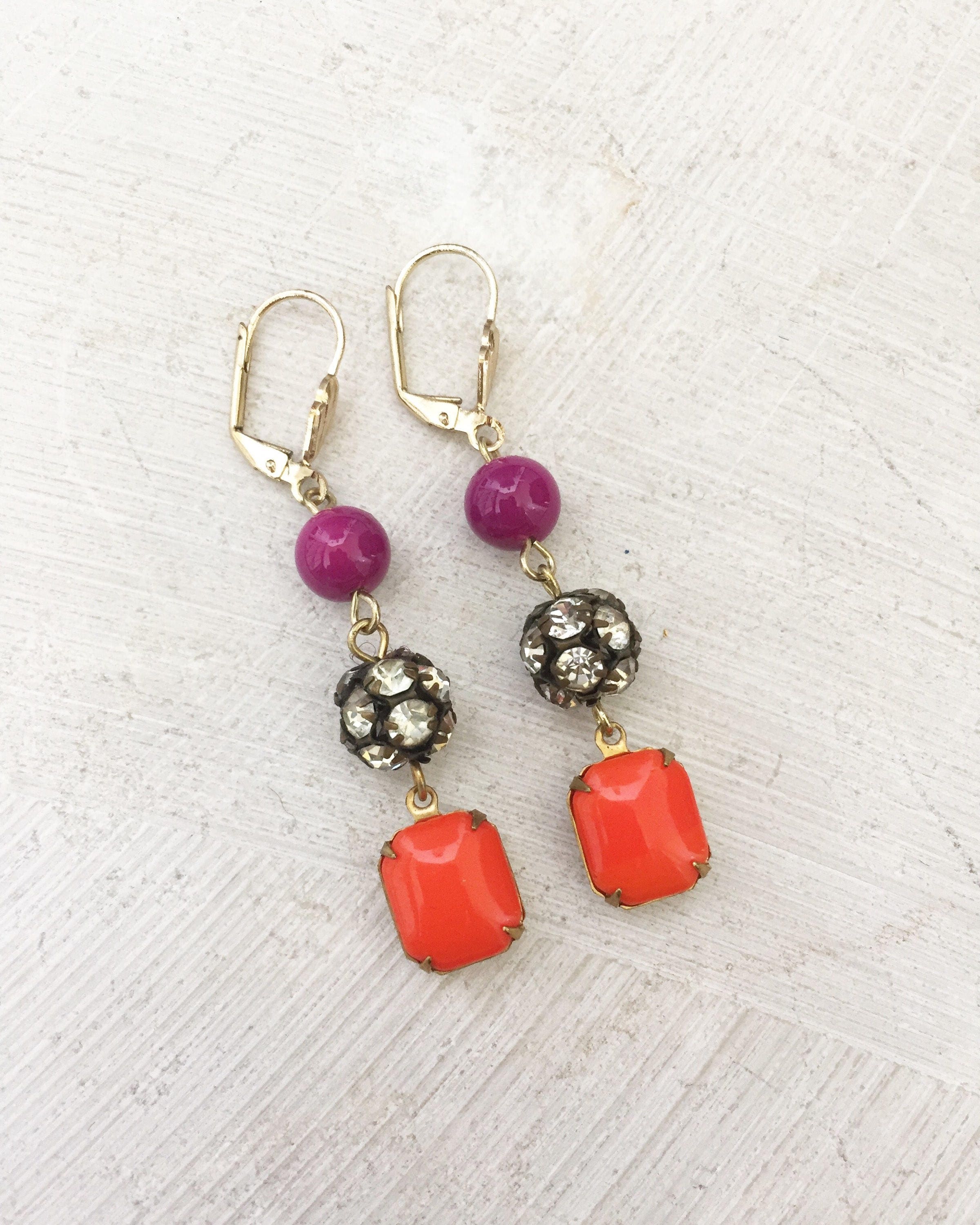Magenta and orange dangly earrings with vintage rhinestone