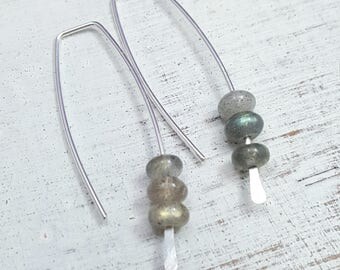 Labradorite Earrings. modern labradorite earrings. geometric hoops. Silver hoops. labradorite dangles. Minimalist hoops. minimalist earrings