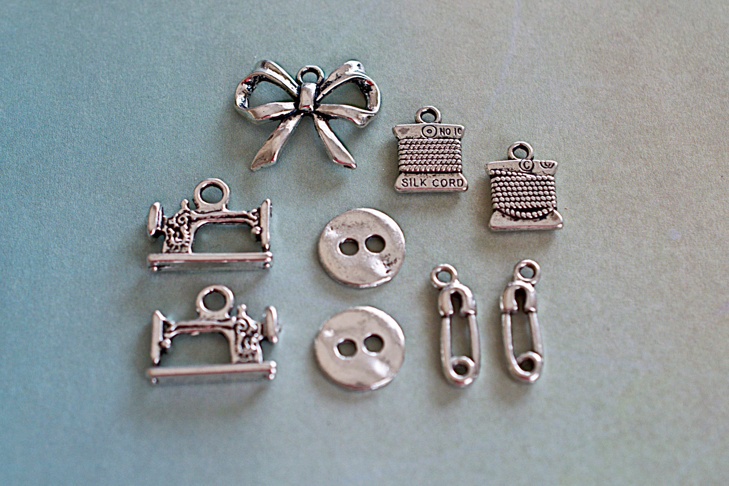 Sewing Theme Charms Set - Silver Plated - Jewelry Supplies - 9 Pieces