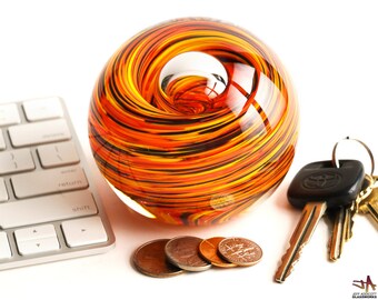 Hand Blown Glass Paperweight - Bold Hot Color Swirls with Bubble - Large