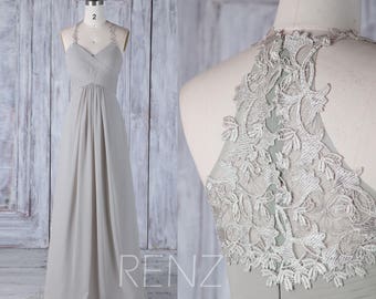 Bridesmaid Dress Medium Gray Chiffon Wedding Dress,Halter Strap Maxi Dress,Ruched Top Prom Dress,Illusion Lace Back Long Ball Gown(H440)