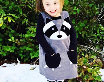 Raccoon girls cord pinafore dress , raccoon costume