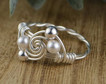 Pearl Swirl Wrapped Ring- Sterling Silver, Yellow or Rose Gold Filled Wire with White Swarovski Pearls- Any Size 4 5 6 7 8 9 10 11 12 13 14