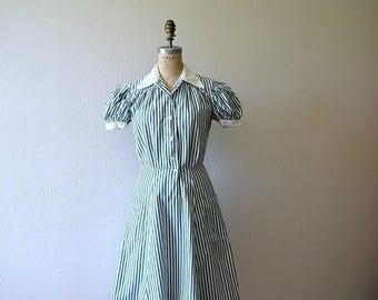1940s vintage dress . 40s striped workwear dress