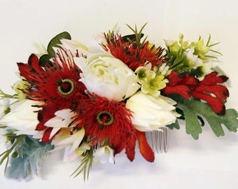 Silk flower hair comb. Blushing bride protea, gum blossom, waxflower. Hair flowers for wedding, bridal, photoshoot, party, races