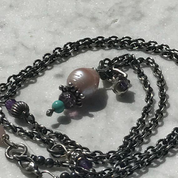 Pearl + Oxidized Cable Chain + Sterling Silver + Amethyst + Artisan Sundance Style