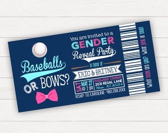 Baseball Gender Reveal Invitation Gender Reveal Party Baseballs or Bows Gender Reveal Baseball Ticket Printable Ticket Invitation