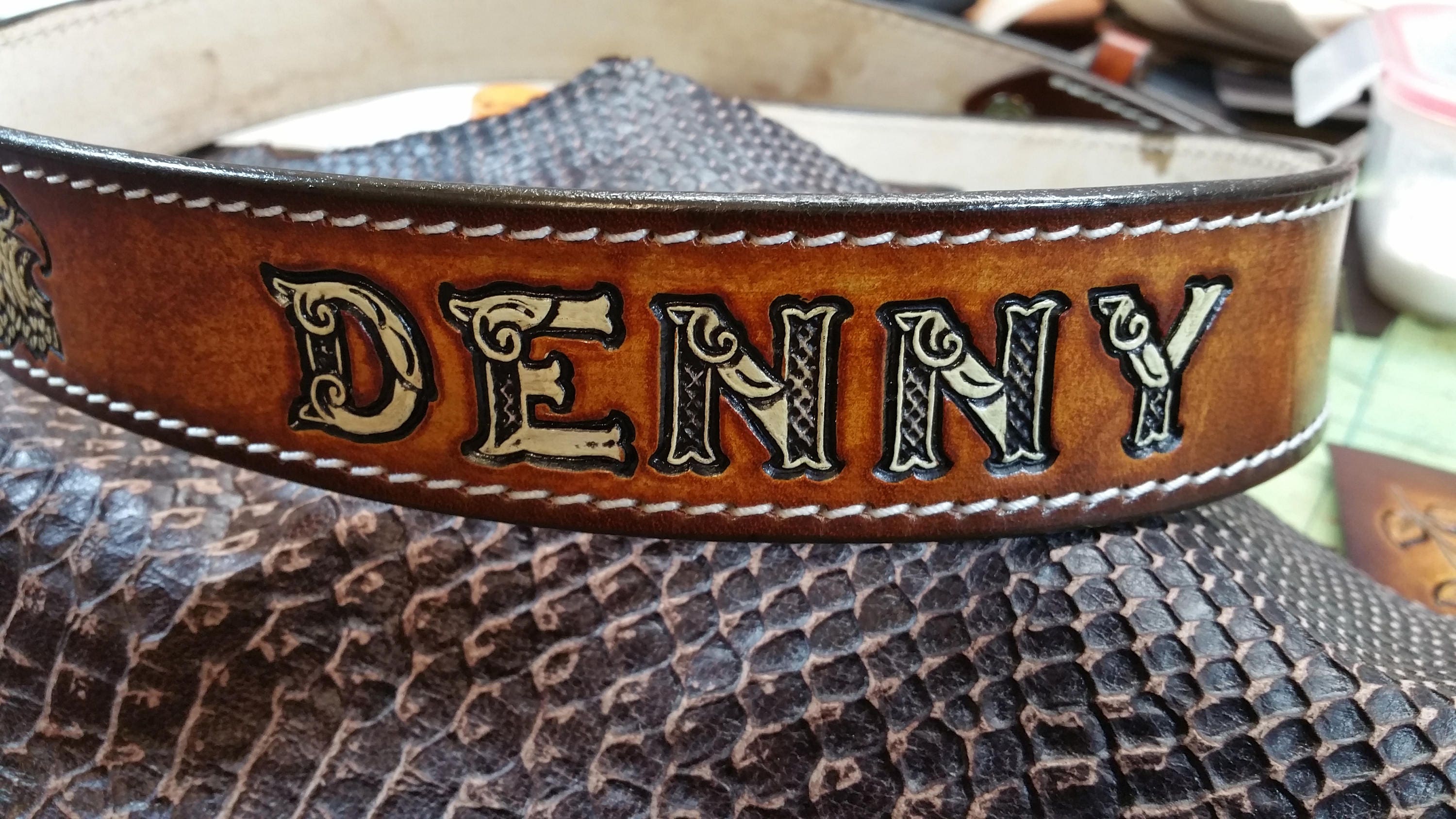 Personalized Leather Name Belt Dark Brown, painted background and white ...