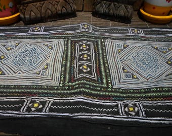 Hmong Vintage Textile, Tribal Indigo Batik, Hand Dyed, Embroidered Folk Art