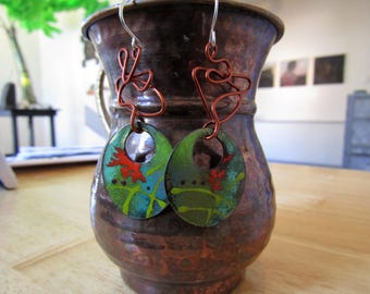 Redwood Forest - Handmade Enamel and copper earrings, 2 1/4", handmade jewelry, copper jewelry handmade earrings, copper earrings, redwoods