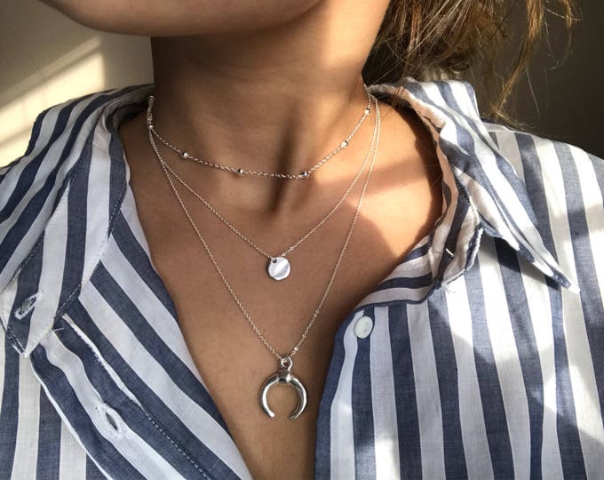 Layered necklace, charm necklace, silver necklace with charm, horn necklace, necklace for women, silver layered necklace, dainty necklace