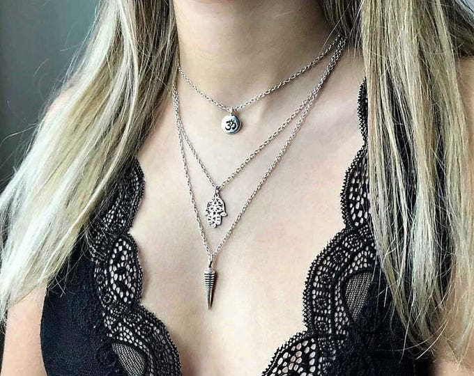 Zen necklace, silver necklace, Fatima hand necklace, necklace for women, silver layered necklace, choker necklace, necklace for her