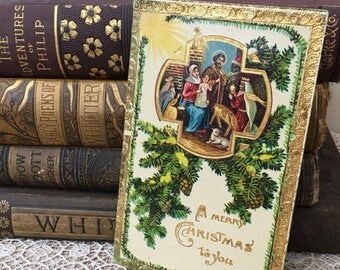 Sweet Edwardian Era Christmas Postcard With Nativity Scene