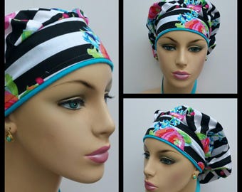 Bouffant Cap/Medical Cap/Surgical Scrub Hat - Poppy Flowers Over a Stripe Ground- 100 % Cotton