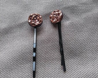 Large Glitter Rose Gold Round Druzy Hair Pin - Druzy Bobby Pin Set - Glitter Sparkle