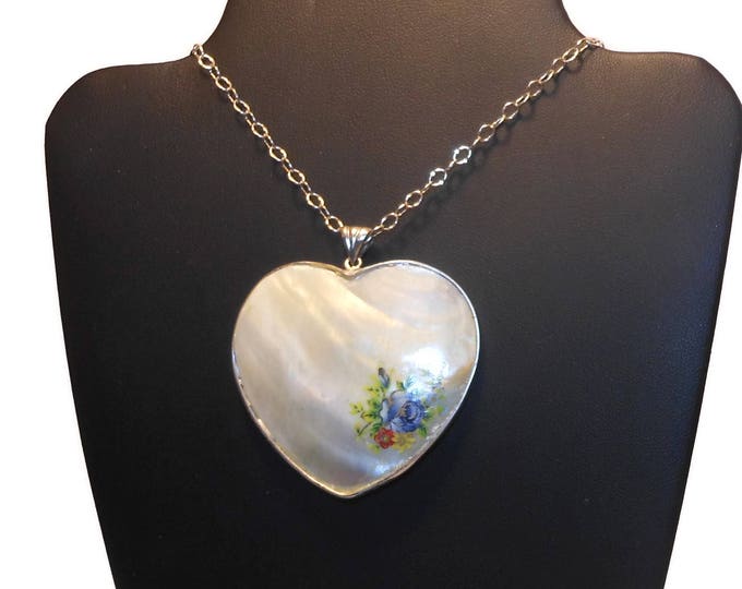 Blister pearl pendant, heart shaped blister pearl, reversible shell necklace, sterling silver pendant & chain, three teardrop, floral decals