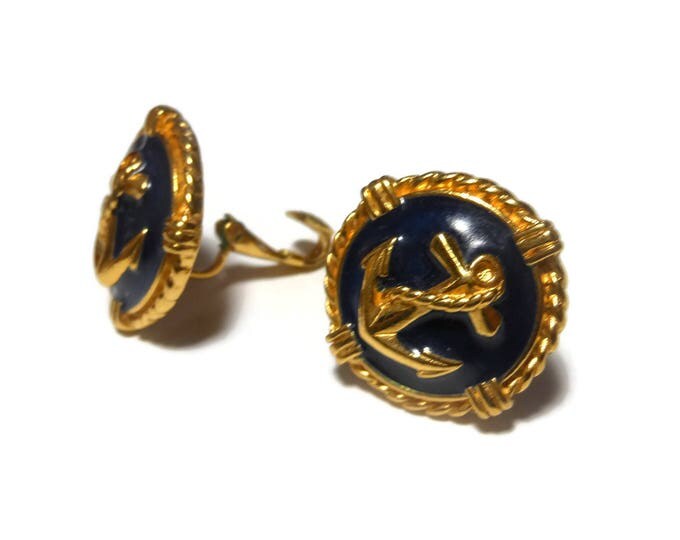 Blue nautical earrings, blue and gold, button style, gold anchor on blue enamel with gold rims, nautical clip earrings, attributed to Avon