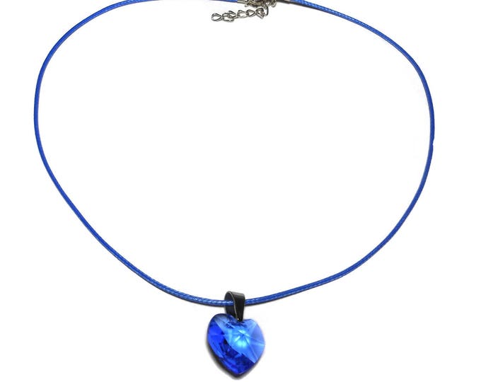 FREE SHIPPING Blue crystal heart necklace, lapis blue faceted heart on silver bail, royal blue cord necklace, simple lines