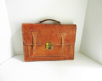 Vintage Leather Briefcase Attache Messenger Style Portfolio British Tan Leather Satchel