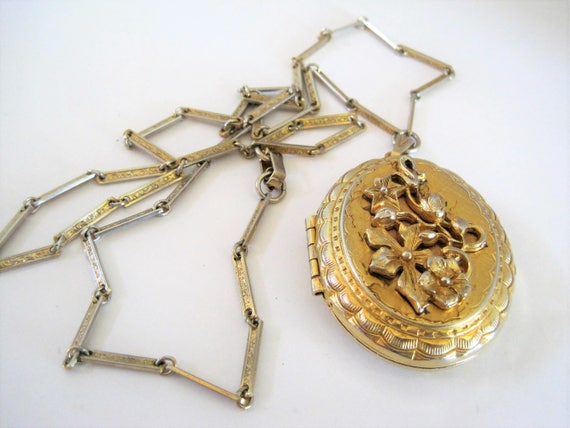 Gold Tone Locket and Chain - Embellished Front - Long Necklace