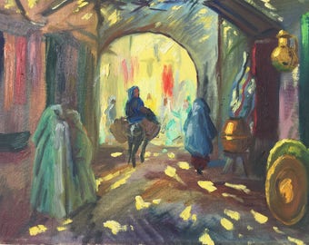Orientaliste painting.View of a "souk" Oil on hardboard.