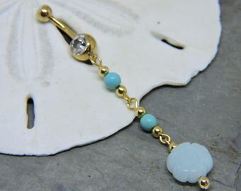 Gold Belly Button Ring - Belly Button Jewelry - Navel Piercing Belly Ring - Amazonite Flower and Magnesite Belly Rings - Belly Jewelry