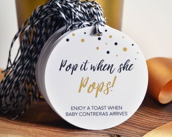 Baby Shower POP Labels, Pop it when she POPS, Shower Favor, Personalized Gift Tags for New Baby, Baby Shower Favors, Gender Reveal, gift tag