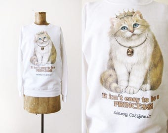 Cat Sweatshirt - Cat Sweater for Women - Crazy Cat Lady - White Fluffy Cat - Princess - Solvang California - Funny Sweatshirt - White