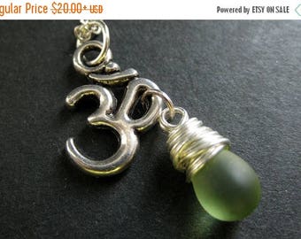 BACK to SCHOOL SALE Frosted Green Necklace in Silver. Yoga Necklace. Teardrop Necklace. Om Necklace. Yoga Jewelry. Handmade Jewelry.