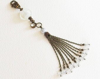 Bijou de Sac, Porte-clef - Fantaisie Blanche - Métal Bronze, Strass, Etoiles, Perle verre Murano - Bijou créateur, fait-main, pièce unique