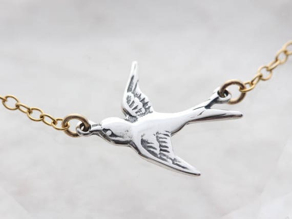 Bird. Sterling silver Bird Necklace on Gold Filled chain Gold
