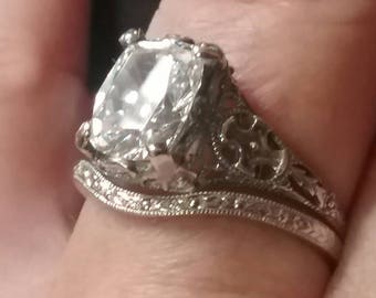 Antique Engagement Ring Set Antique Filigree Ring Set Antique Reproduction Cusion Cut Engagement Ring Set