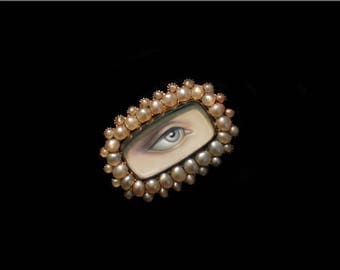 Sandra Hendler Miniature Lover's Eye Painting In Gorgeous Luminous Pearl Victorian Gold Ring-Portrait Ring
