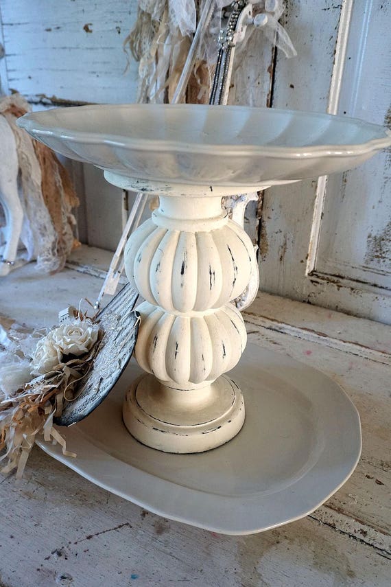 White two tiered tray handmade French Nordic stoneware style