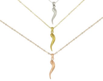 3D Italian Horn Necklace in Sterling Silver with Matte Finish (Yellow Gold Plated, Rose Gold Plated, Sterling Silver)