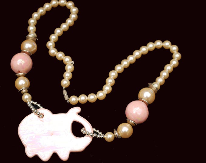 Pink Elephant Pearl Necklace - Ceramic beads -white pearls silver - funky necklace