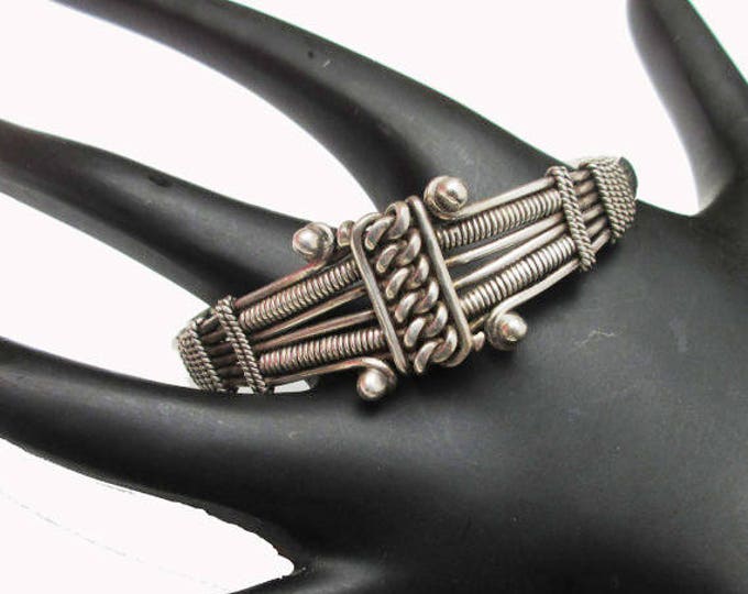 Sterling Cuff Bracelet - Silver Twisted knotted Studded - Tribal India - Bangle