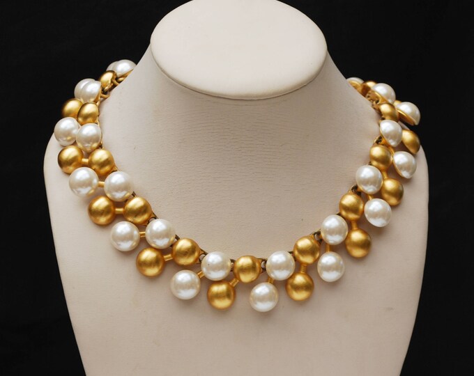 Anne Klein necklace - Chunky Gold white pearl - Collar necklace -gold white ball links - 80s -Lion