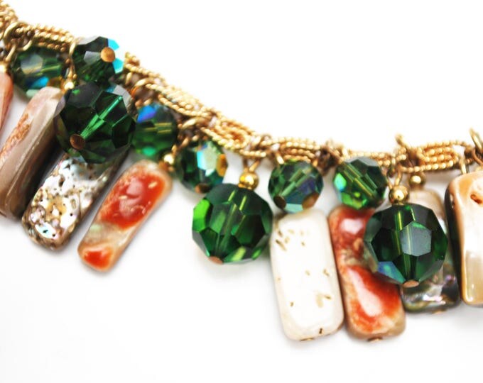 Napier crystal abalone Charm Bracelet - green tourmaline Crystals Charm - Abalone Shell beads Cha cha bracelet - 1980 Book Piece