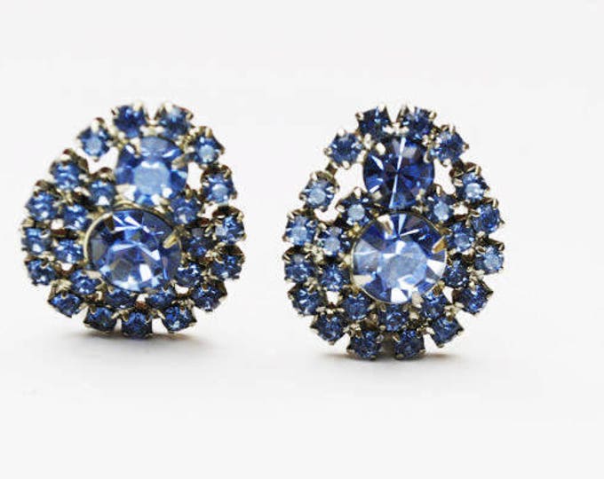 Blue Rhinestone earrings - Signed Garne - Mid Century - Clip on earring -Tear drop - Bride Wedding Prom