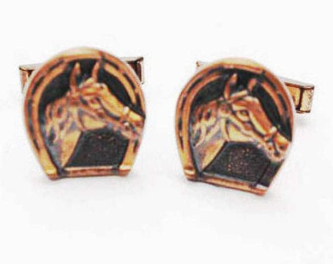 Horse cuff links - Copper Horse shoe and horse head - signed Pat Pend - vintage cufflinks