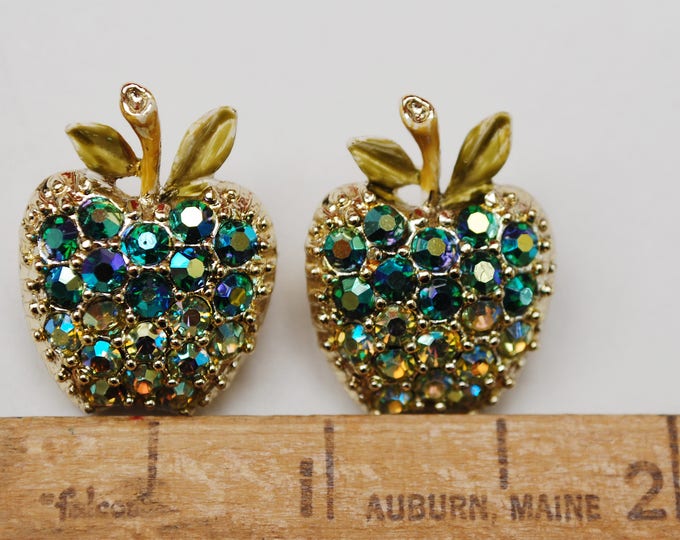 Apple scatter pins - Two Rhinestone Fruit brooches - Aurora Borealis - Gold small pin