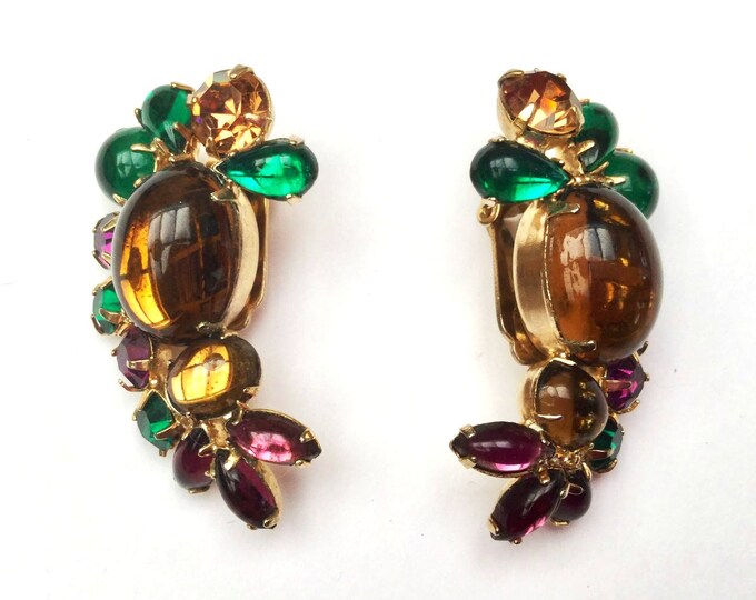 Cabochon Flower Brooch earring set -Topaz brown green Purple Glass - Gold plated metal - Climber earring -Mid Century - clip on earrings