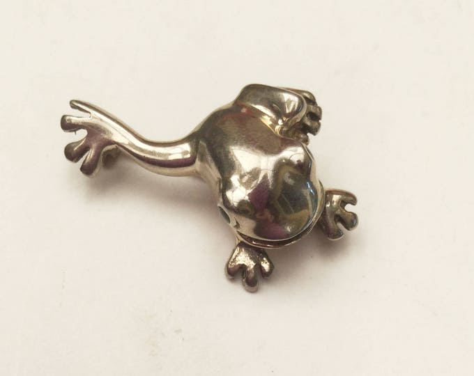 Frog Brooch - Sterling Silver - black Onyx eyes - Figurine pin